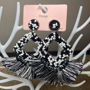 Black & white beaded and tassel earrings pr
